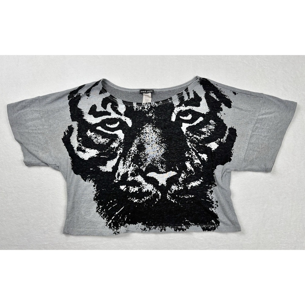Wet Seal Y2K Tiger Graphic Cropped Top Gray Short Sleeve Womens XS Made In USA